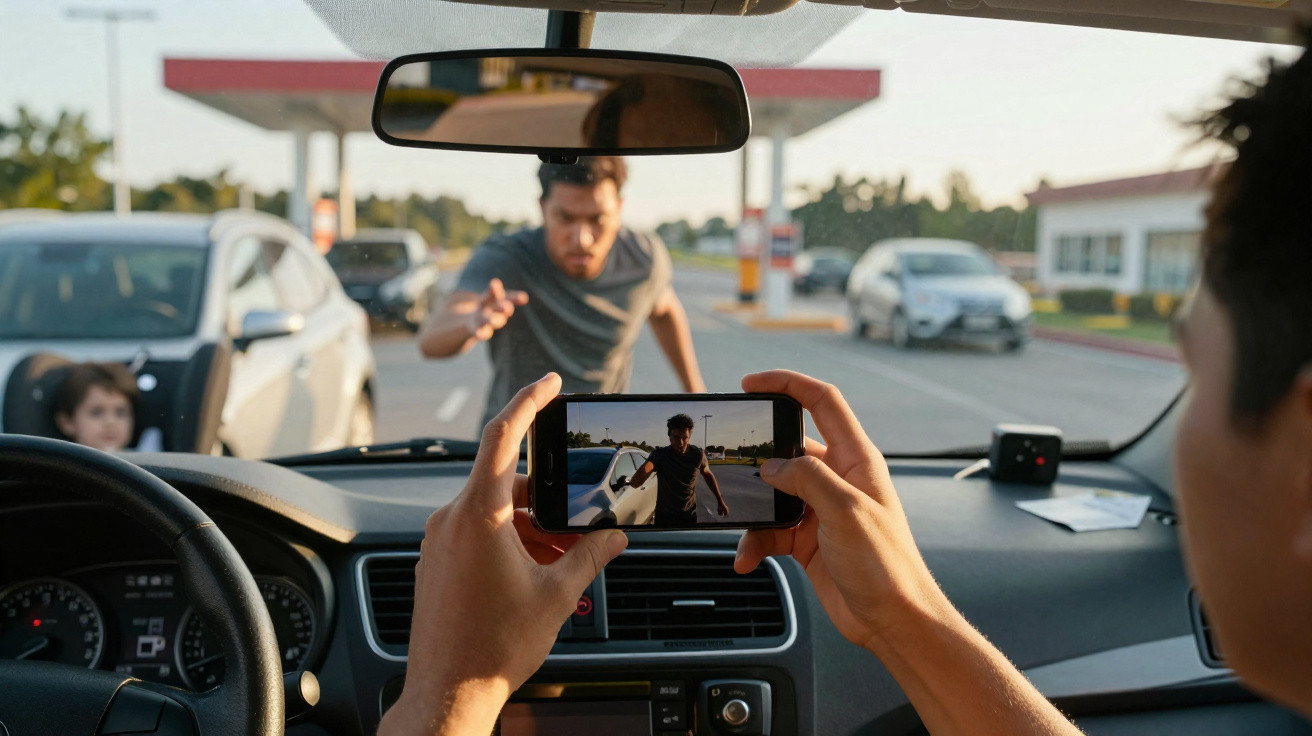 Pessoa tirando foto de homem confuso na bomba de combustível vista do banco do motorista.