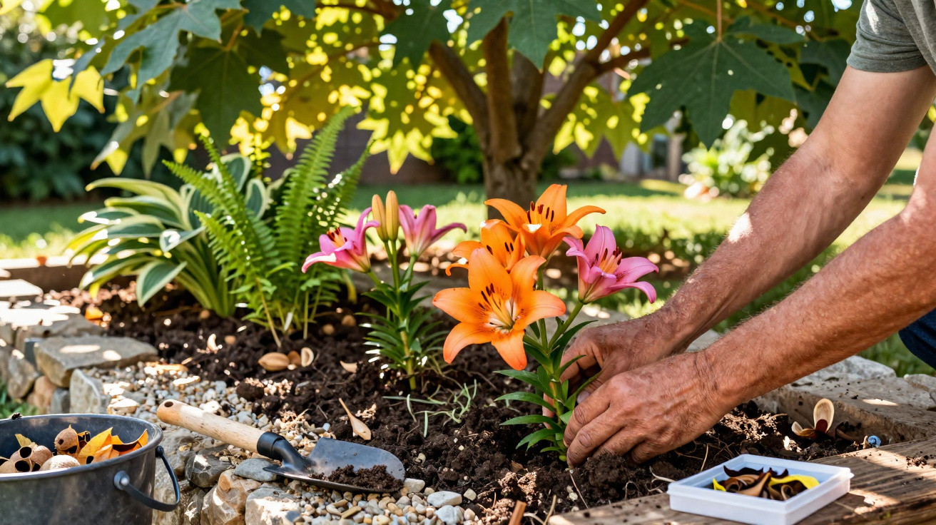 Pessoa plantando lírios laranja e rosa em jardim com terra, pedras e plantas verdes ao redor.