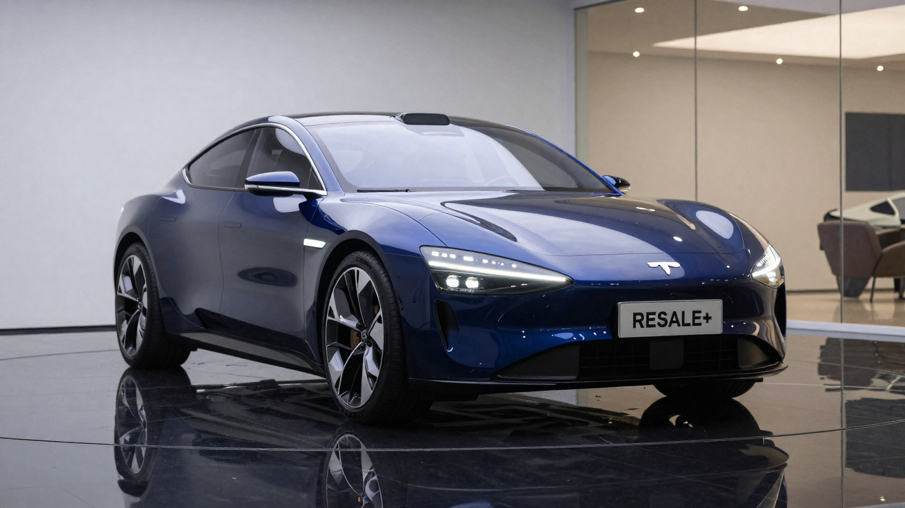 Carro esportivo azul escuro elétrico modelo esportivo exposto em ambiente interno moderno.