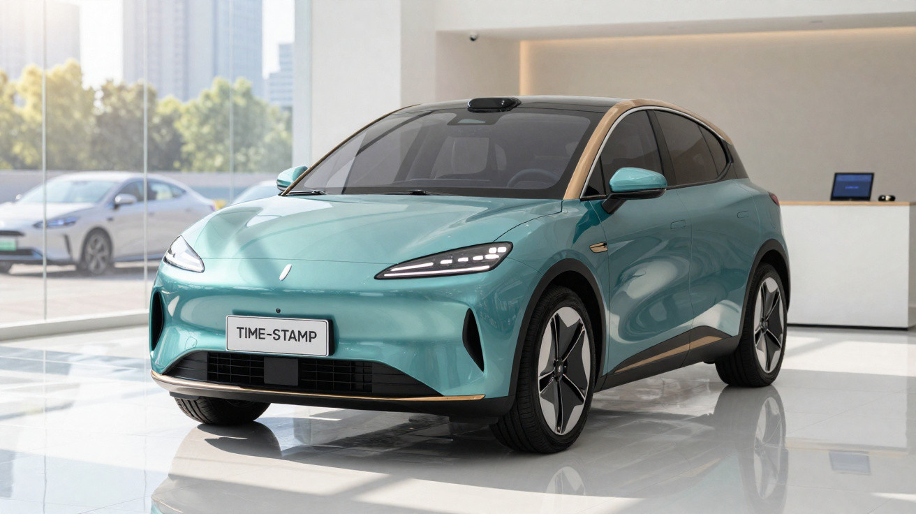 Carro elétrico azul claro exibido em showroom moderno com iluminação branca e piso brilhante.