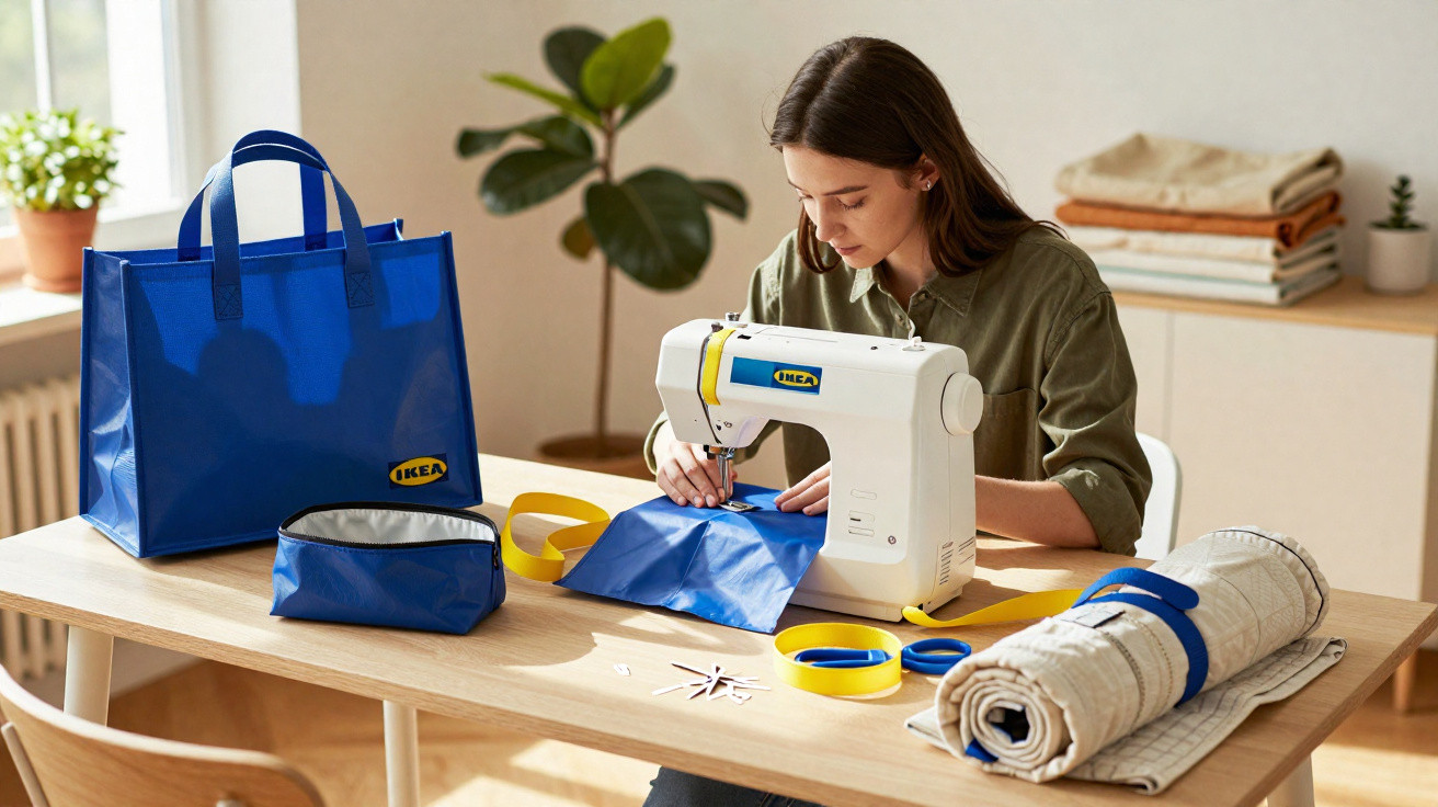 Mulher costurando bolsa azul na máquina de costura em mesa com materiais de artesanato.