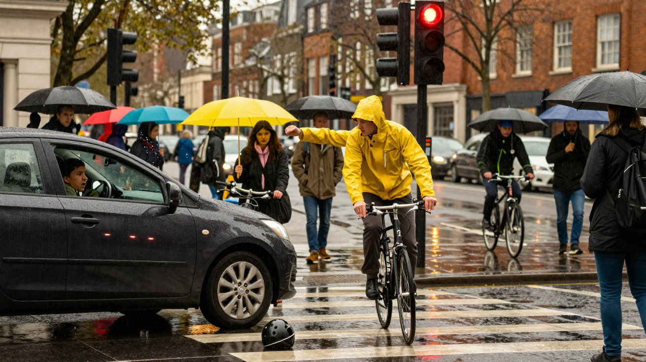 Ciclista com capa amarela tocando no carro parado no semáforo em dia chuvoso com pedestres e ciclistas ao redor.