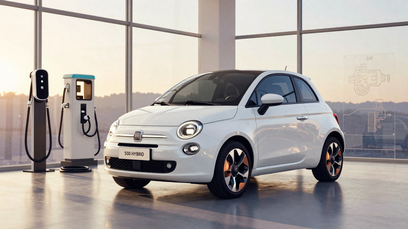 Carro Fiat 500 Hybrid branco estacionado em garagem moderna com carregadores elétricos ao redor.