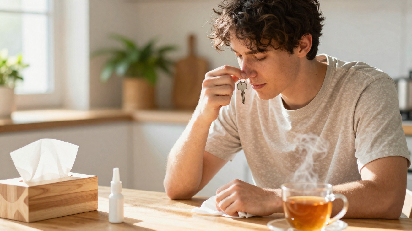 Jovem sentado à mesa cheira a chave, com lenço na mão, caixa de lenços e chá quente ao lado.