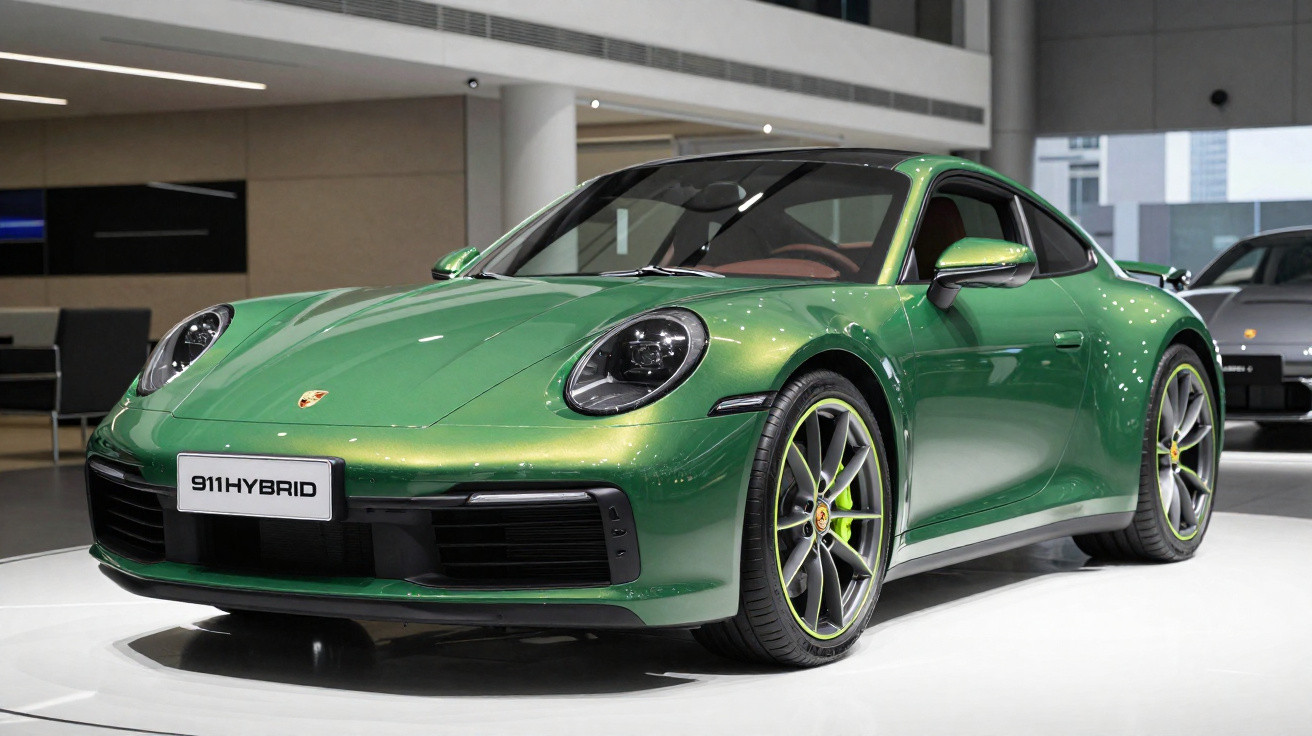 Carro esportivo Porsche 911 Hybrid verde exibido em salão de automóveis com fundo interno.