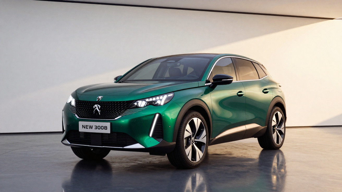Carro SUV Peugeot 3008 verde metálico em ambiente interno com fundo branco.