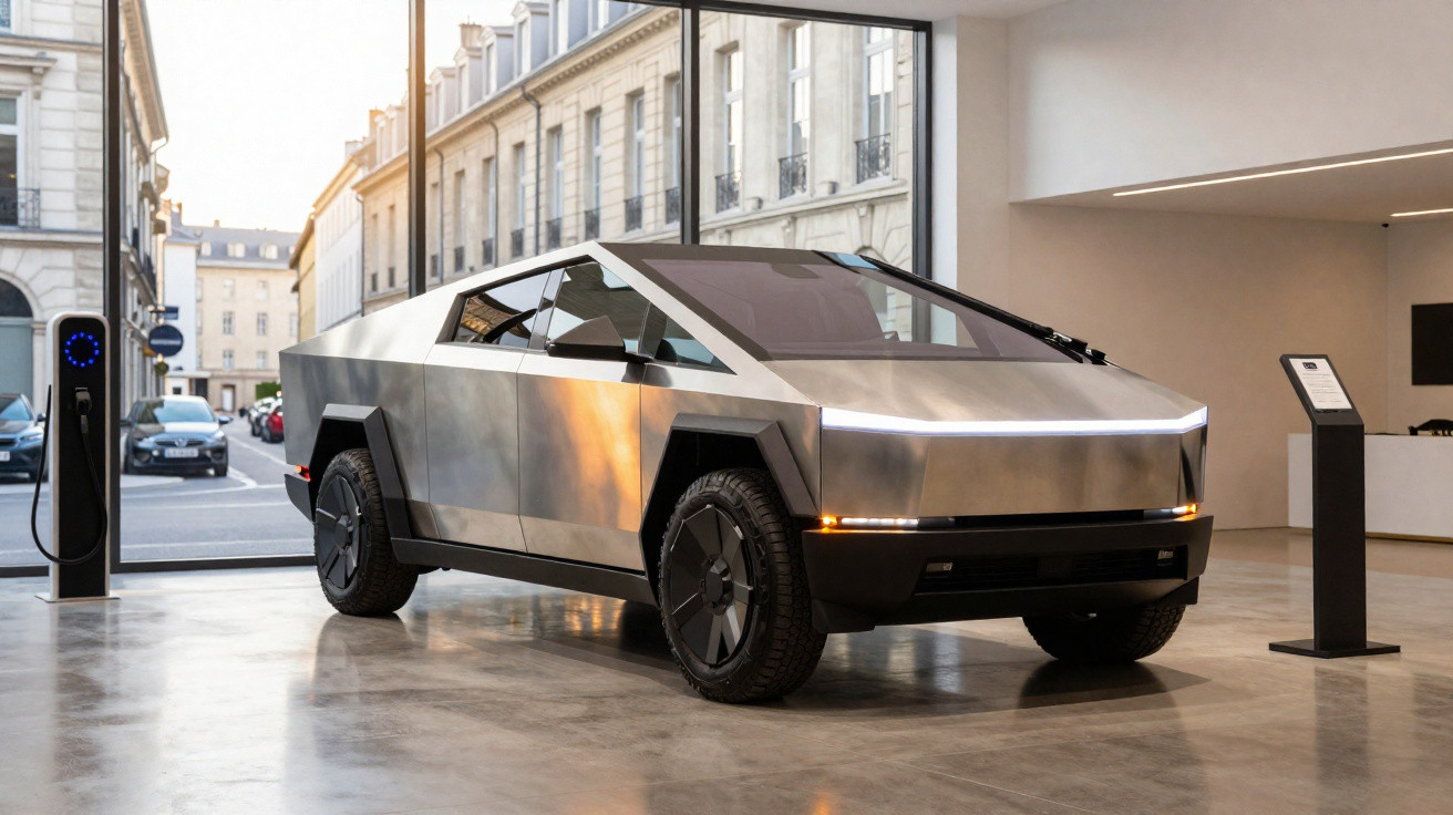 Carro elétrico futurista prateado estacionado em showroom com grandes janelas e estação de recarga.
