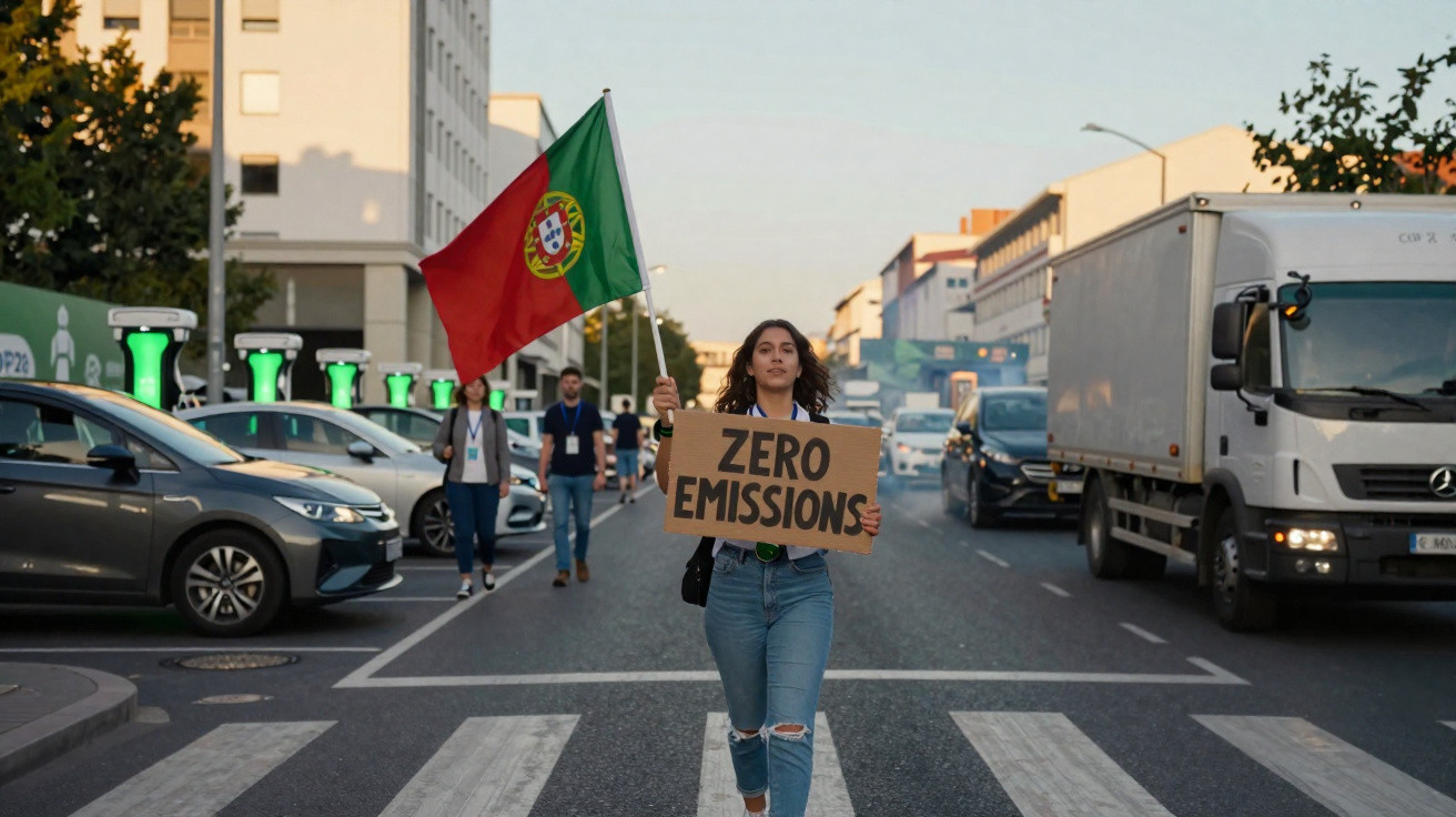 Jovem atravessa rua com placa "Zero Emissions" e bandeira de Portugal em protesto ambiental.