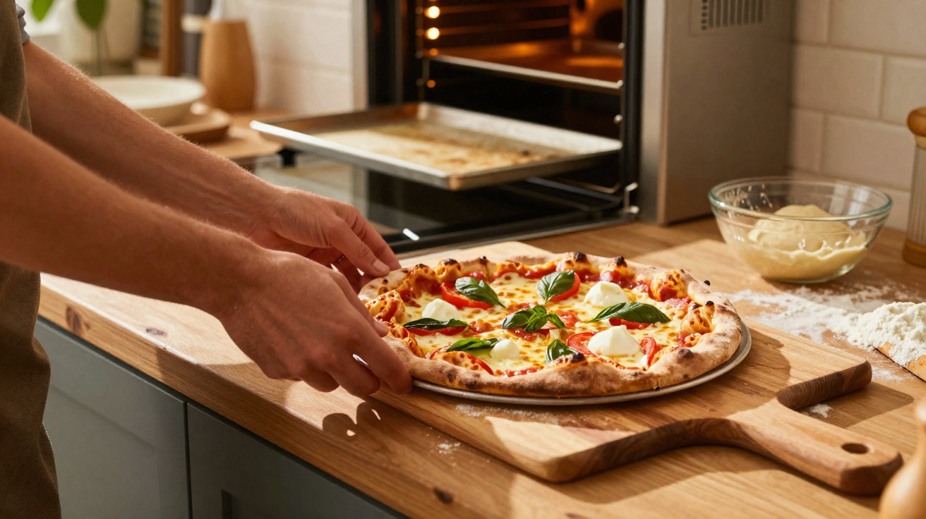 Pessoa tirando pizza de forno moderno sobre bancada de cozinha com tábua de madeira e ingredientes.