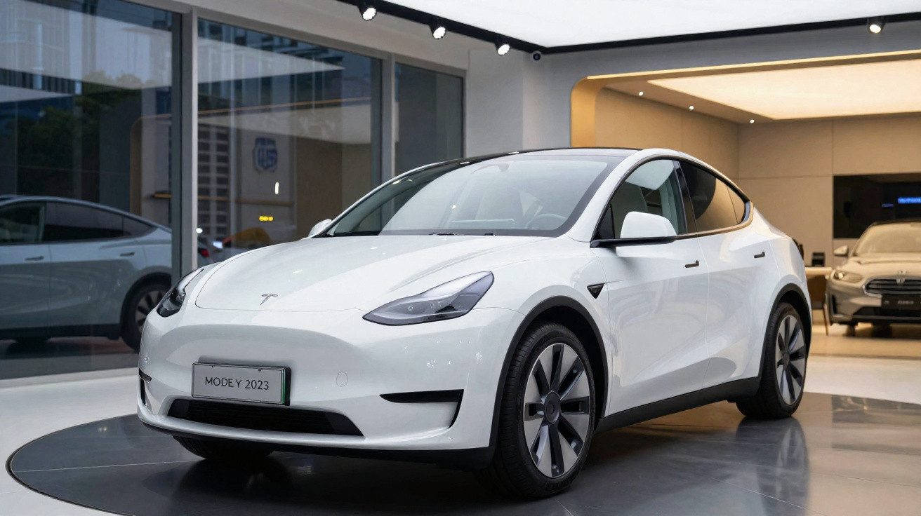 Carro elétrico Tesla Model Y branco exibido em showroom moderno com vidro ao redor.
