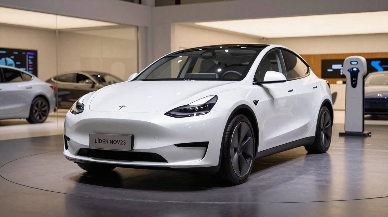 Carro elétrico branco Tesla Model 3 em showroom moderno com estação de carregamento ao fundo.