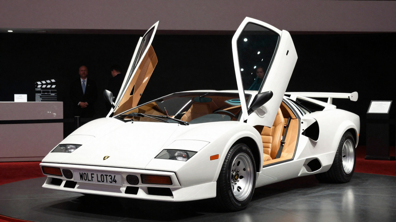 Carro esportivo branco com portas abertas para cima em exposição interna com fundo escuro e pessoas ao fundo.