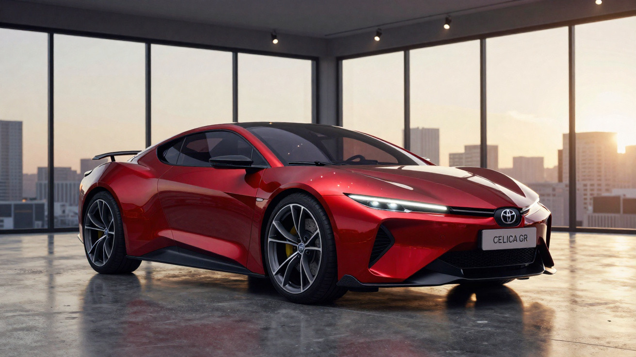 Carro esportivo vermelho Toyota Celica GR em exposição em ambiente moderno com vista para cidade ao pôr do sol.