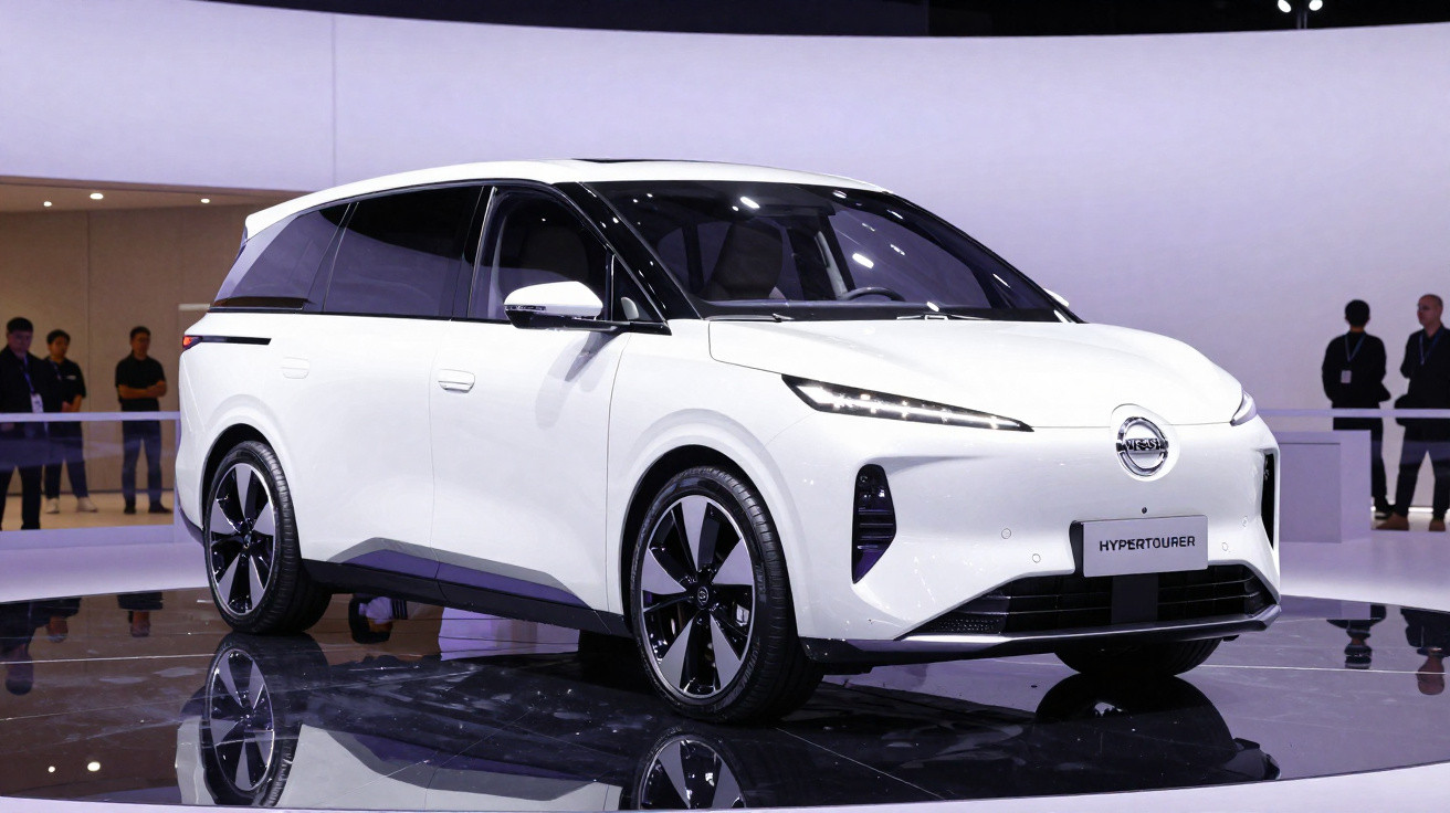 Carro elétrico branco exposto em salão de automóveis com pessoas ao fundo.