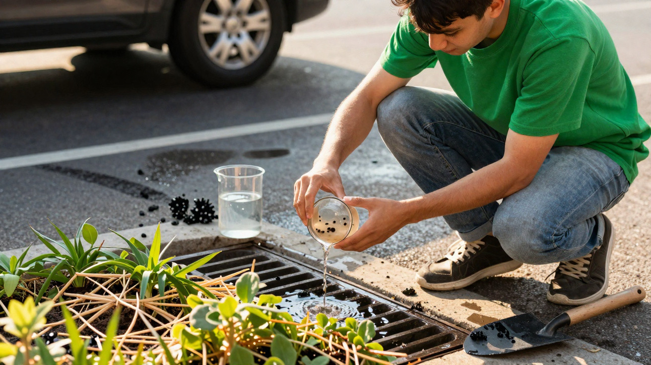 Jovem regando plantas com água e bolinhas pretas no canteiro junto à calçada ensolarada.