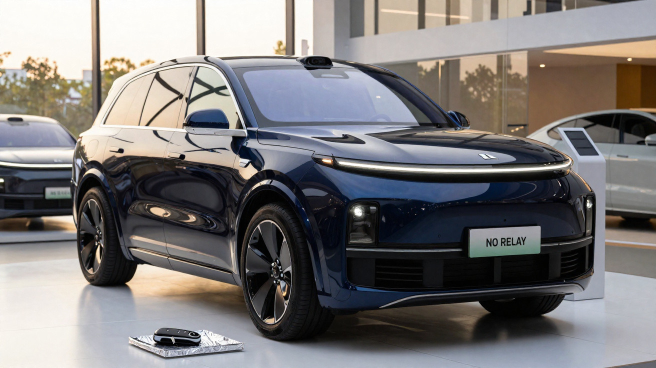 SUV elétrico azul da marca No Relay exibido em showroom moderno com iluminação natural ao entardecer.