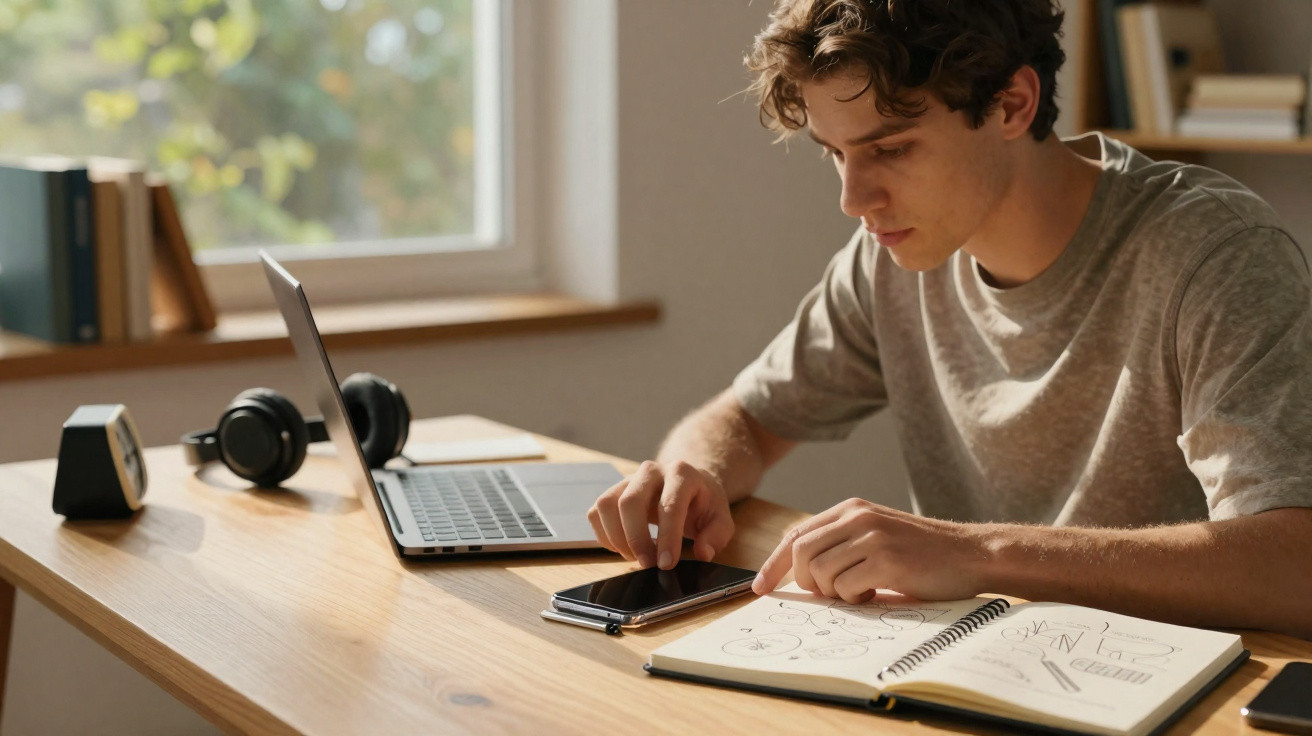 Jovem sentado à mesa, usando laptop e fazendo anotações em caderno com desenhos, em ambiente iluminado.