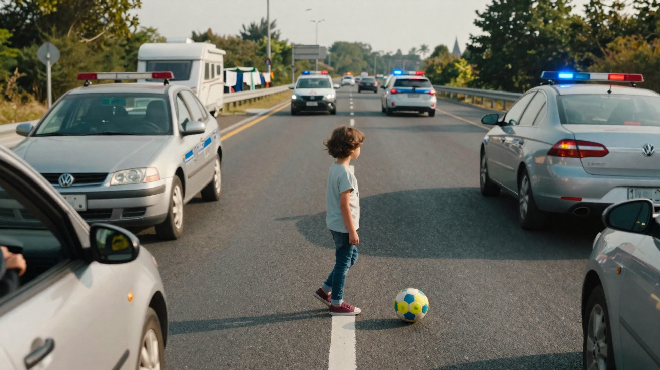 Criança com bola no meio da estrada cercada por carros e viaturas policiais com luzes ligadas.