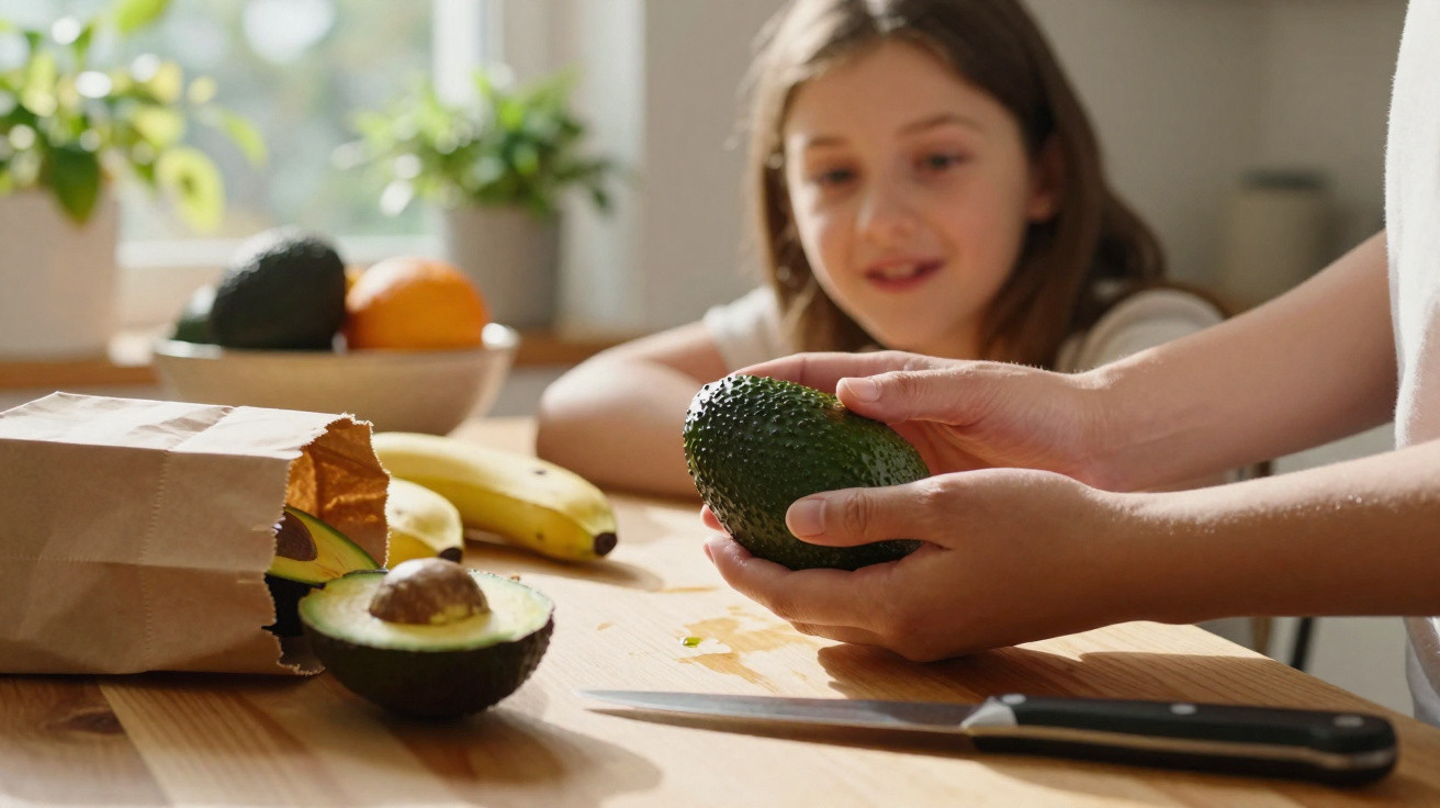 Pessoa segurando abacate, outra observa, frutas sobre mesa de cozinha iluminada pela luz natural.
