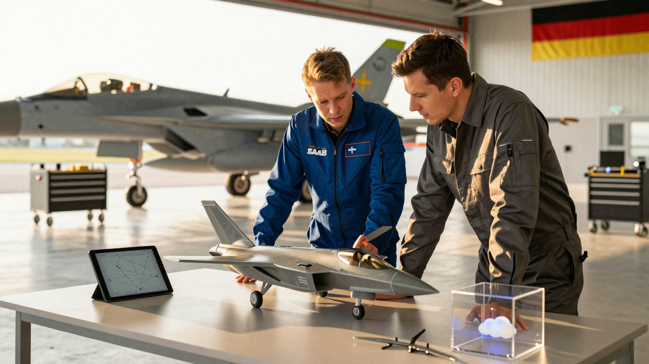 Dois engenheiros analisam maquete de avião em hangar com jato e bandeiras da Alemanha e Suécia ao fundo.