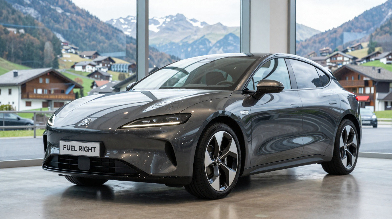 Carro elétrico cinza estacionado em ambiente interno com janelas grandes e montanhas ao fundo.