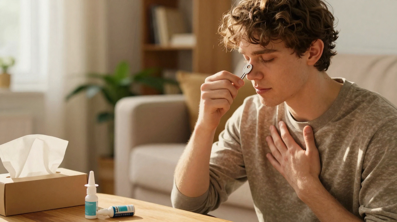 Jovem com expressão de cansaço e congestão usa spray nasal enquanto segura chave perto do rosto.