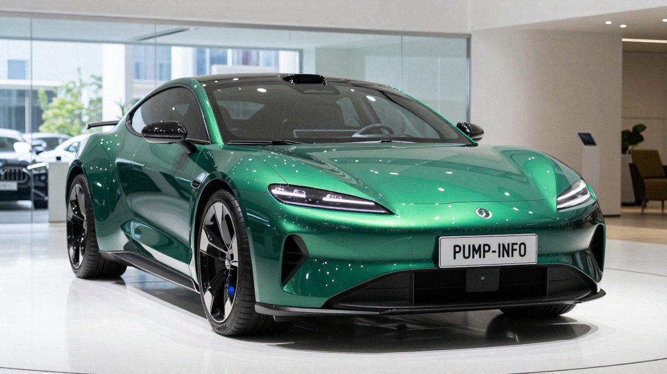 Carro esportivo verde metálico estacionado em showroom moderno com placas "PUMP-INFO".