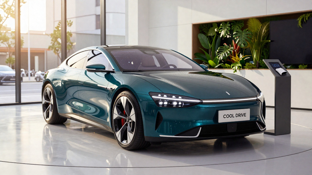 Carro esportivo elétrico verde azul em exibição em showroom moderno com placa "Cool Drive".