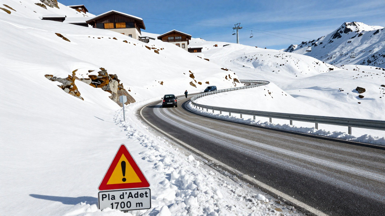 Carro trafegando por estrada cercada de neve em área montanhosa com casas ao fundo e placa de trânsito.