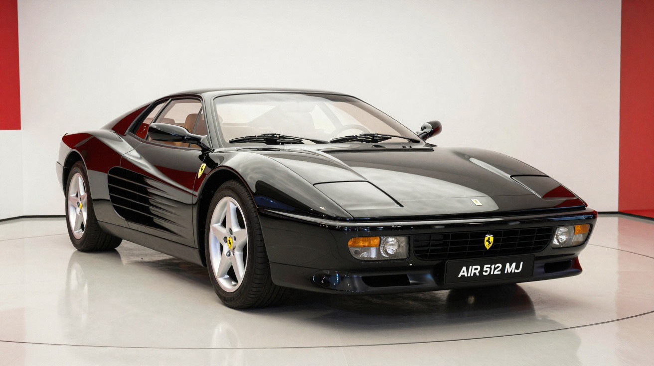 Carro esportivo preto Ferrari 512 com design clássico em exposição em ambiente minimalista branco.