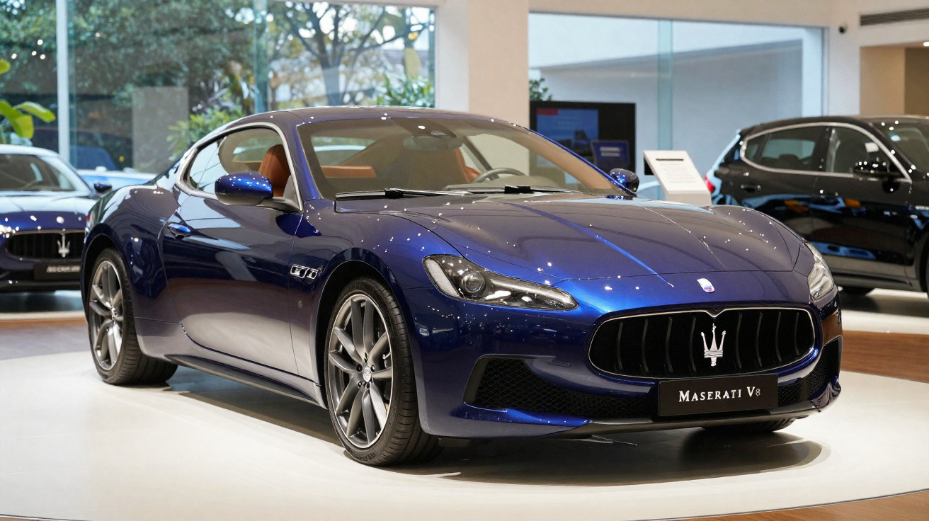 Carro esportivo Maserati V8 azul exibido em showroom moderno com grandes janelas e carros ao fundo.