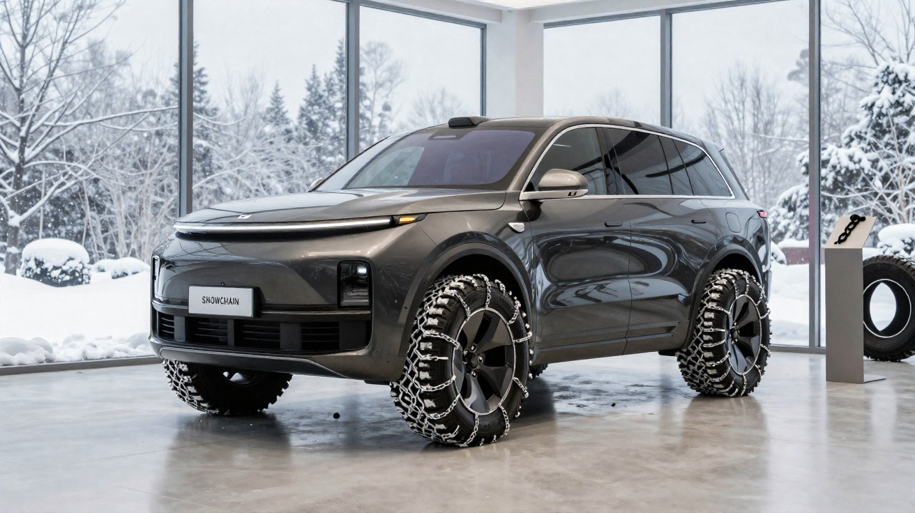 SUV cinza com correntes de neve nos pneus em exibição dentro de ambiente fechado com grandes janelas.</b>