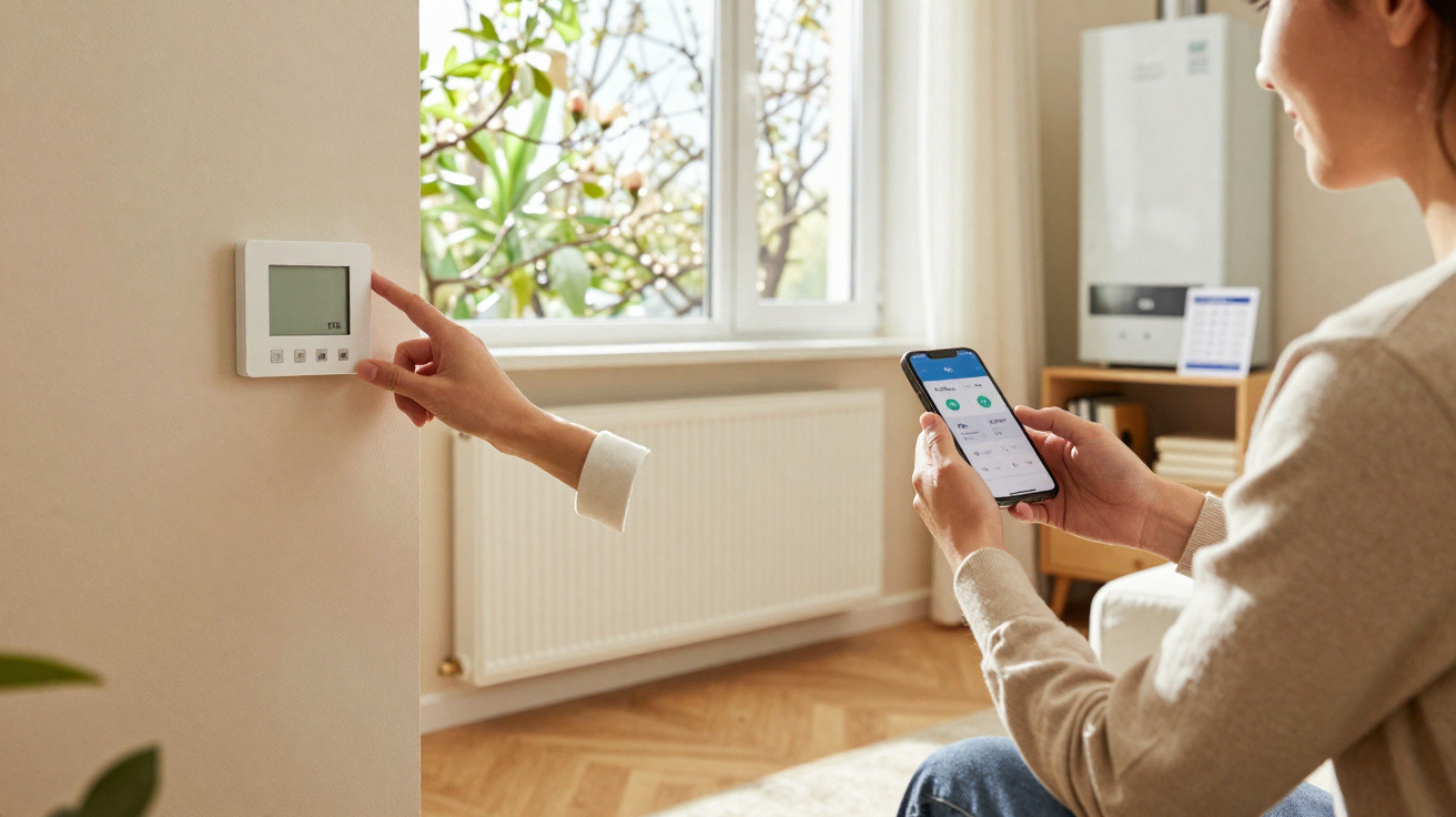 Pessoa ajustando termostato na parede com celular em ambiente claro e moderno, com janela e radiador ao fundo.