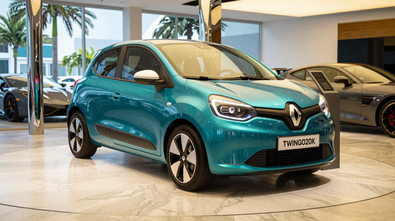 Carro Renault Twingo 2020 azul com detalhes amarelos em exposição em salão automotivo.