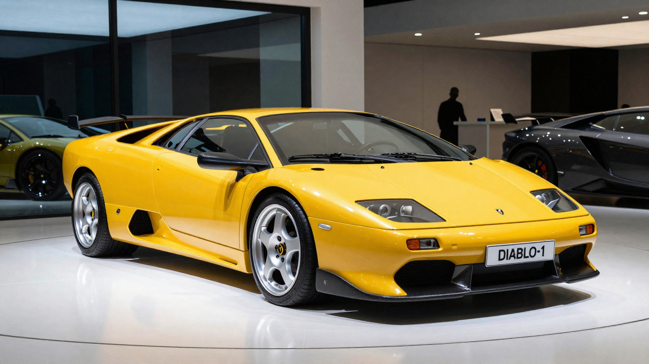 Carro esportivo Lamborghini Diablo amarelo exibido em showroom com piso branco brilhante.