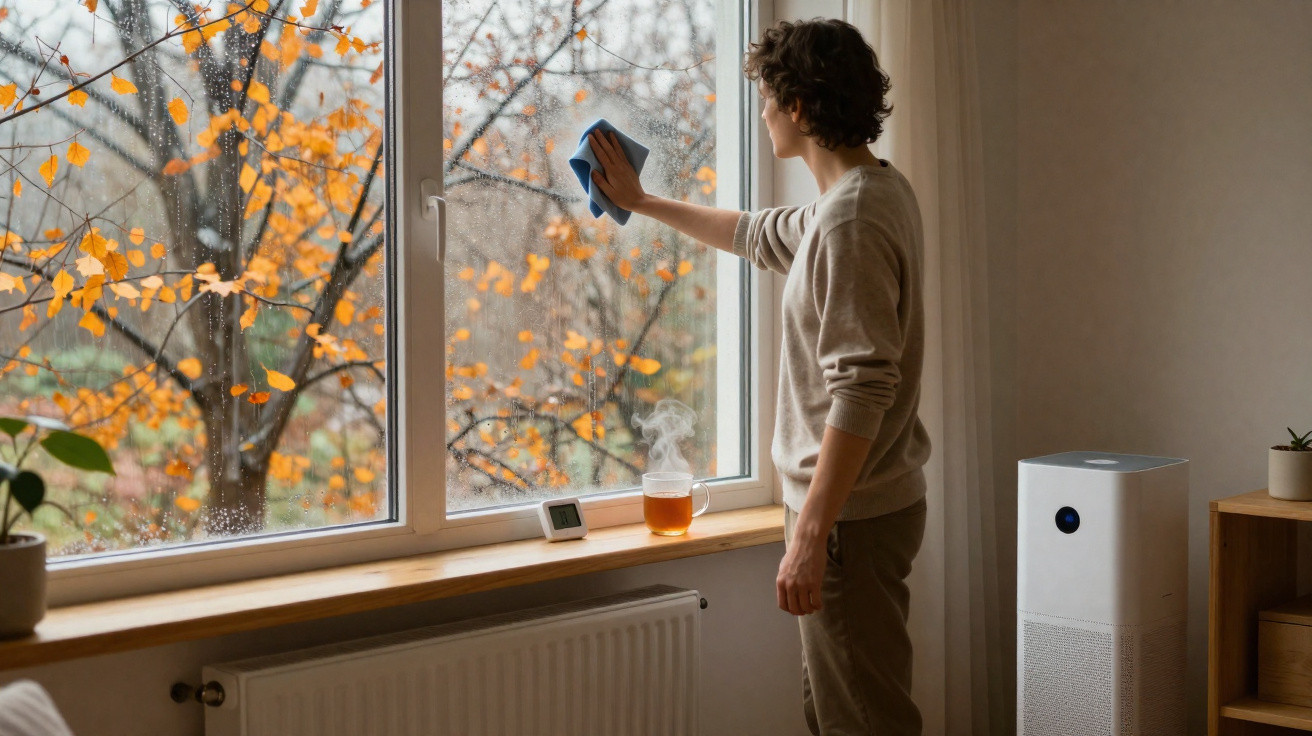 Pessoa limpando janela de vidro com pano em sala aconchegante com umidificador ligado e árvore com folhas amarelas do lado de