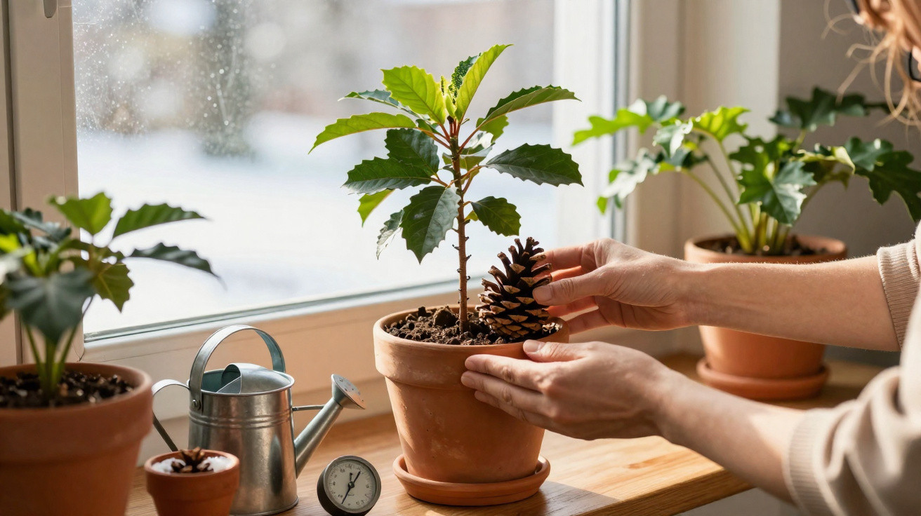 Pessoa segurando uma pinha e cuidando de plantas em vasos sobre um parapeito de janela ensolarado.