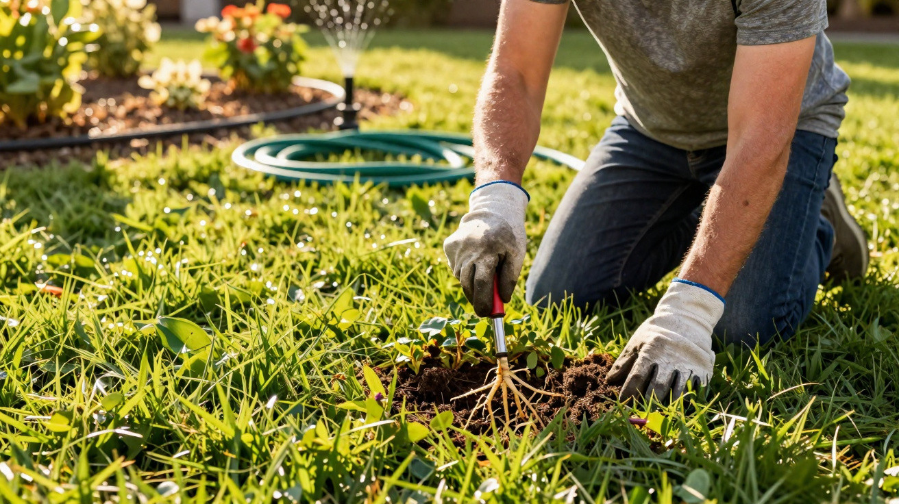 Pessoa com luvas brancas usando ferramenta para jardinagem na grama verde em dia ensolarado.