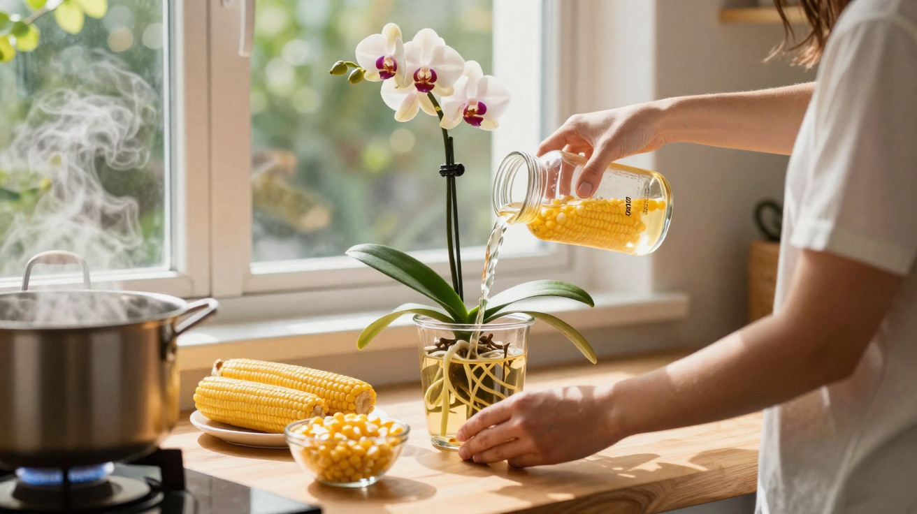 Pessoa regando orquídea branca em vaso de vidro sobre bancada de madeira na cozinha com milho ao lado.