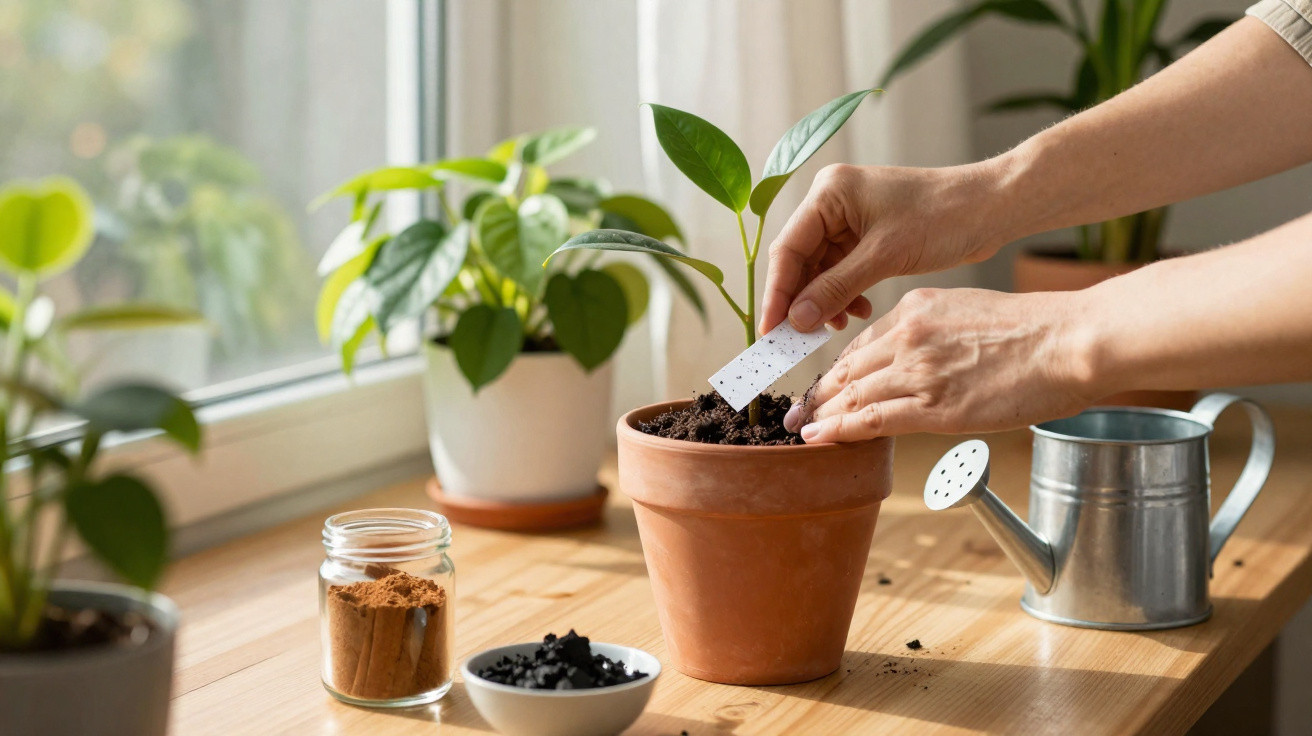 Mãos adicionando fertilizante em vaso de planta ao lado de regador e outros vasos sobre mesa de madeira.