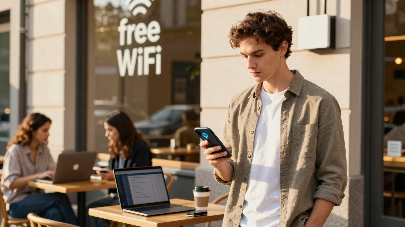 Jovem usando celular em área externa de café com sinal de Wi-Fi grátis e pessoas trabalhando ao fundo.