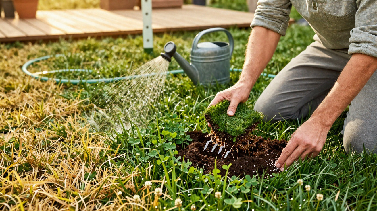 Pessoa plantando grama em jardim com regador e aspersor de água ao fundo em área externa.