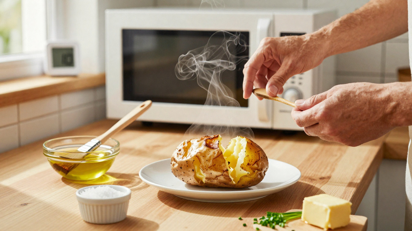 Mão quebrando batata assada fumegante em prato branco sobre bancada de cozinha com óleo, sal e manteiga.
