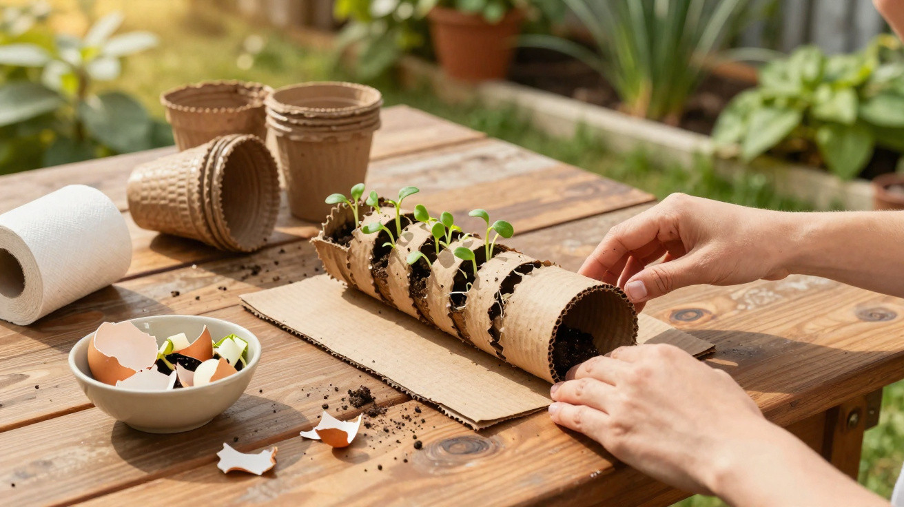 Mãos cuidando de mudas em recipiente biodegradável com utensílios de jardinagem ao redor.