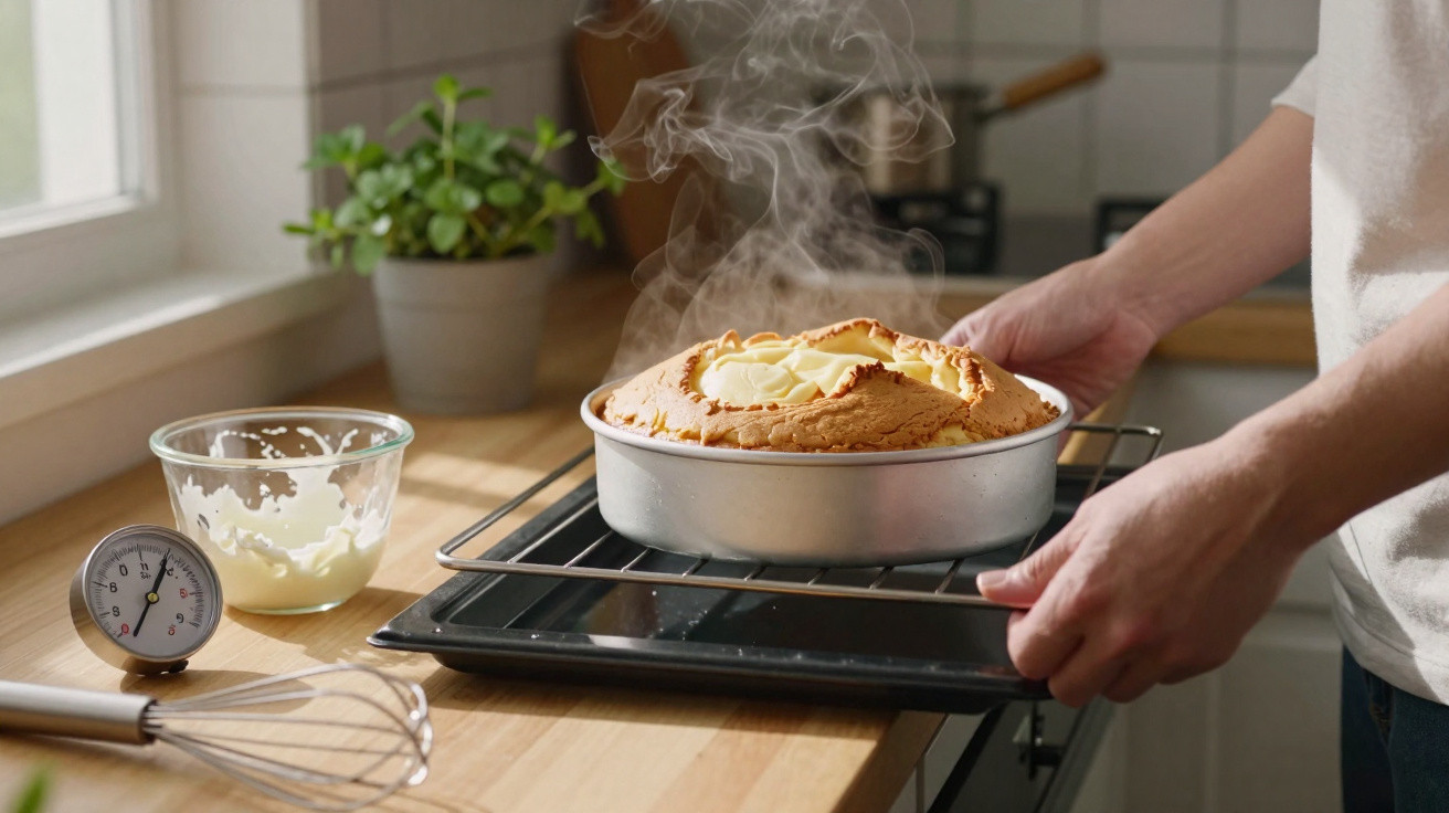 Pessoa retirando bolo quente e fumegante do forno em uma cozinha iluminada.