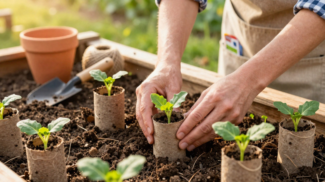 Mãos de pessoa transplantando mudas em vasos biodegradáveis dentro de uma caixa de plantio com terra.