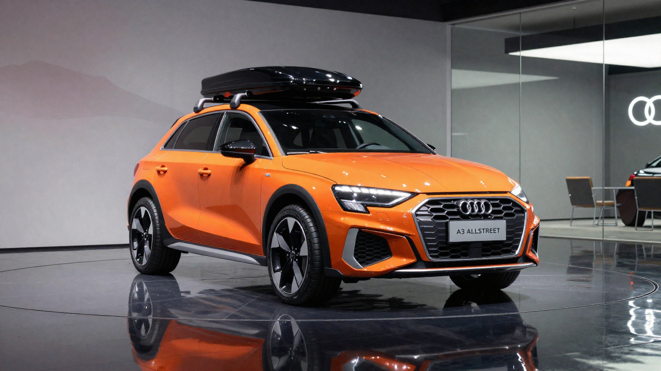 Carro Audi A3 Allstreet laranja exposto em estande com teto solar e racks no teto.