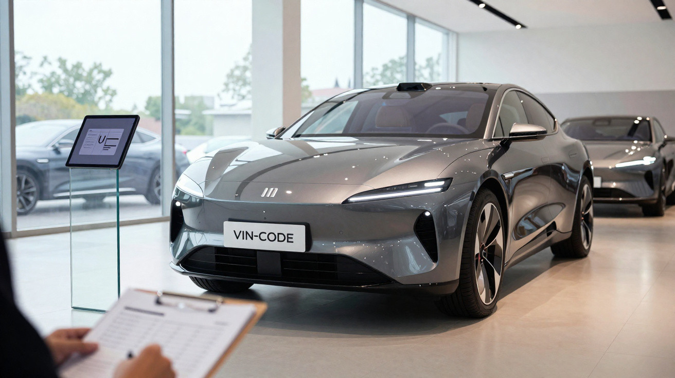 Carro elétrico cinza exibido em showroom moderno com pessoa segurando prancheta em primeiro plano.
