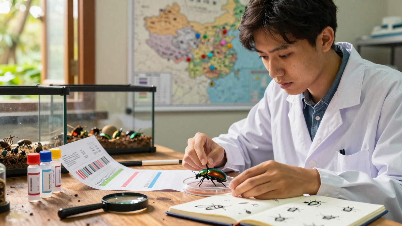 Jovem cientista em laboratório estudando besouro colorido sobre lâmina de petri.