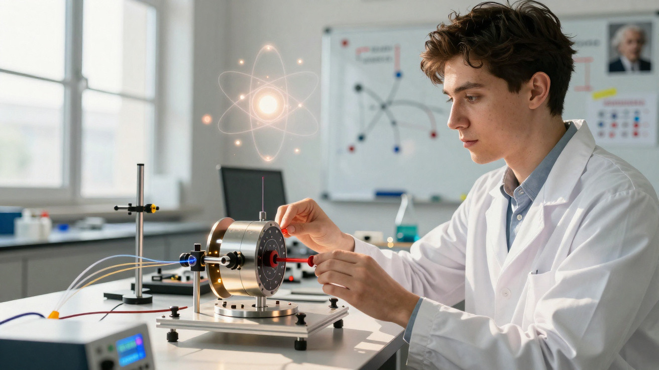 Jovem cientista em laboratório ajusta equipamento de física com gráfico atômico digital em fundo branco.